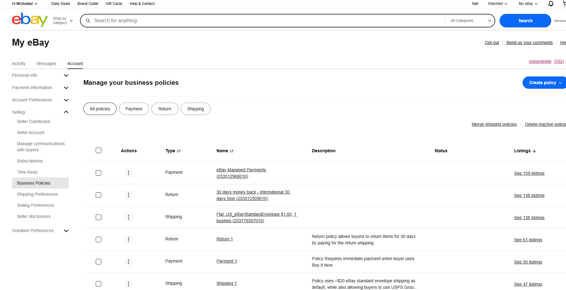 eBay Business Policies Screen