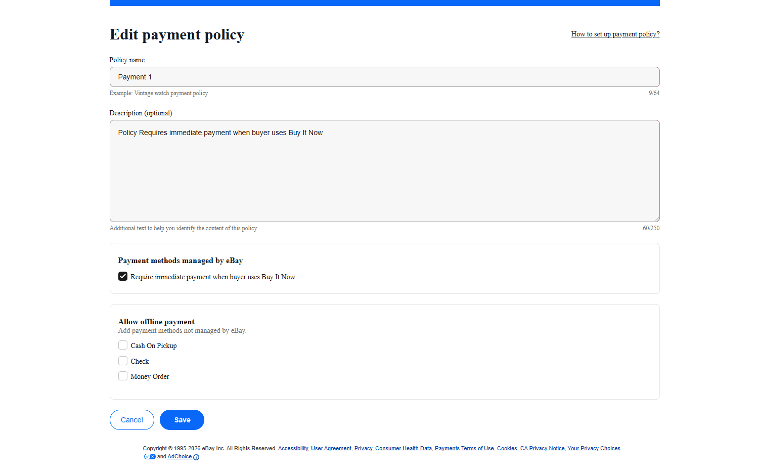 eBay Payment Policy Preferences