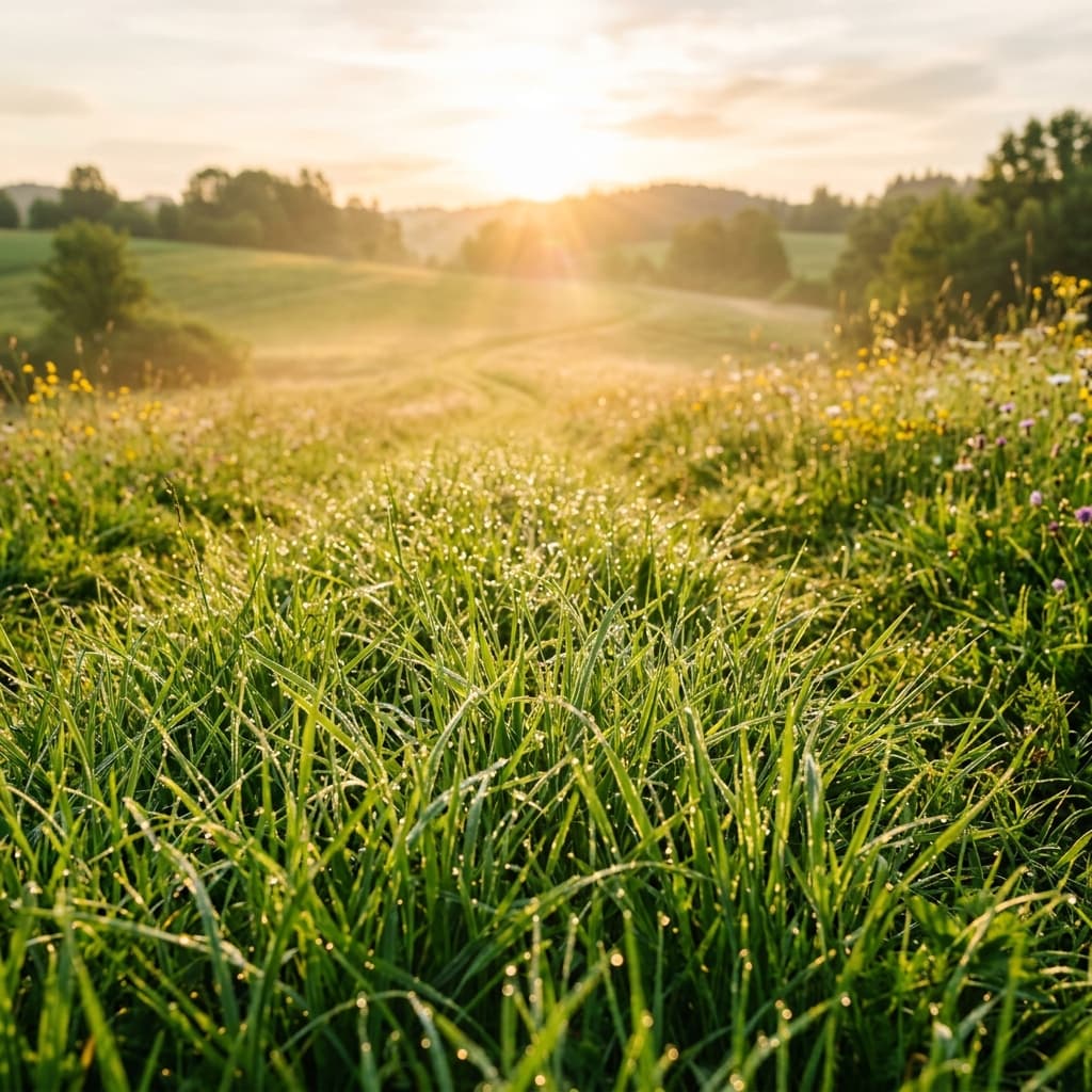 Hand touching fresh grass in a sunny field